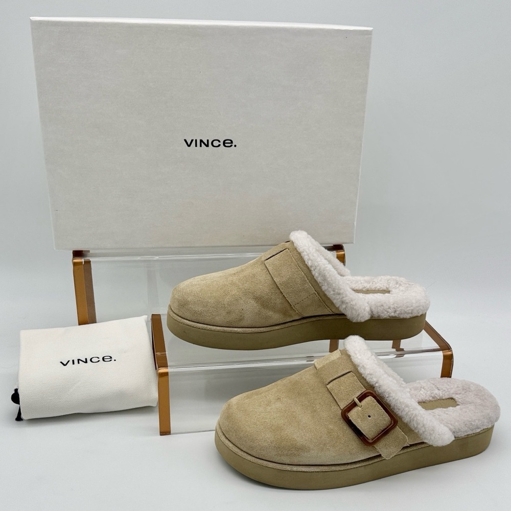 VINCE Griff Suede Shearling Mules Clogs Slippers Doe Light Tan